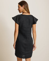 Two Palms Flutter-Sleeve Linen Shift Dress - Black