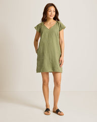 Two Palms Flutter-Sleeve Linen Shift Dress - Dark Fern