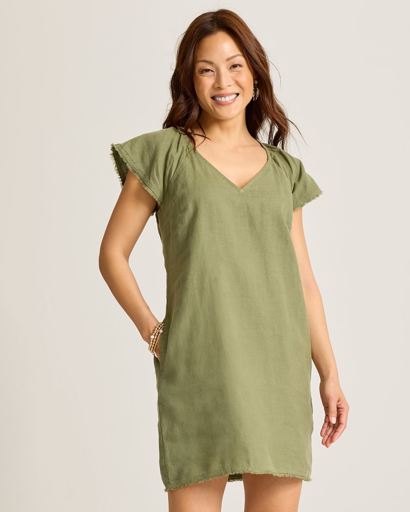 Two Palms Flutter-Sleeve Linen Shift Dress - Dark Fern