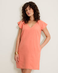 Two Palms Flutter-Sleeve Linen Shift Dress - Peach Gelato