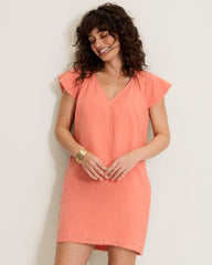 Two Palms Flutter-Sleeve Linen Shift Dress - Peach Gelato