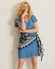 Chambray O'Lei Linen-Blend Flutter-Sleeve Shift Dress - Med Indigo Wash