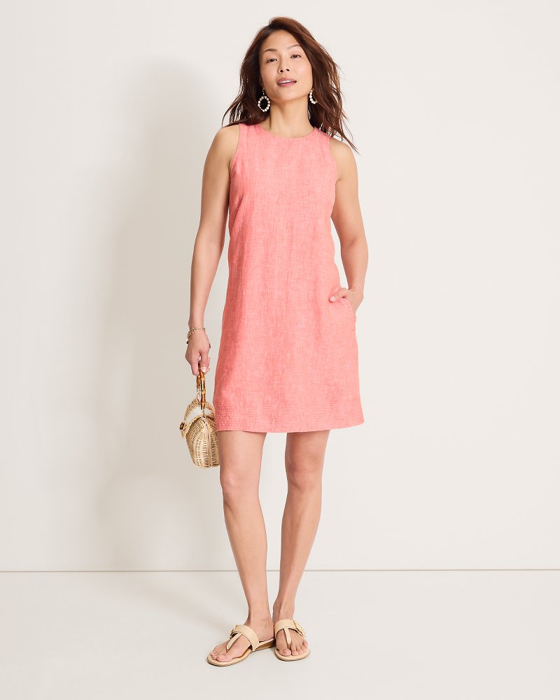Two Palms Trapunto Stitch Linen Shift Dress - Ember Red