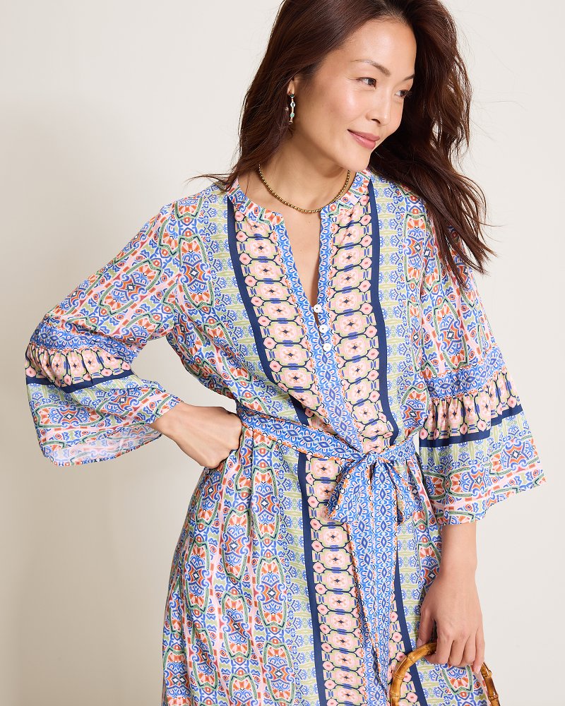 Mosaic Cove 3/4-Sleeve Midi Dress - Peach Blossom