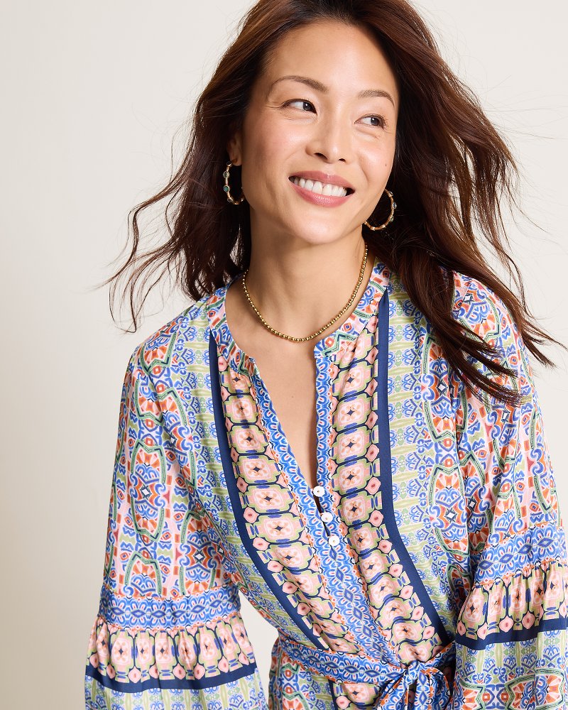 Mosaic Cove 3/4-Sleeve Midi Dress - Peach Blossom