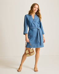 Indigo Twill Denim 3/4-Sleeve Short Dress - Indigo Oasis Wash