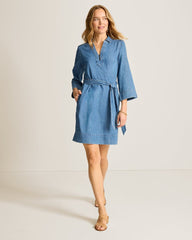 Indigo Twill Denim 3/4-Sleeve Short Dress - Indigo Oasis Wash