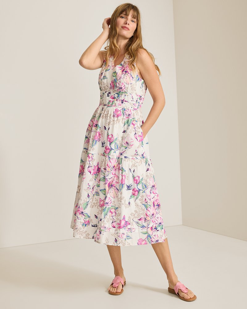 Voile Voyage Floral Gardens Midi Dress - White