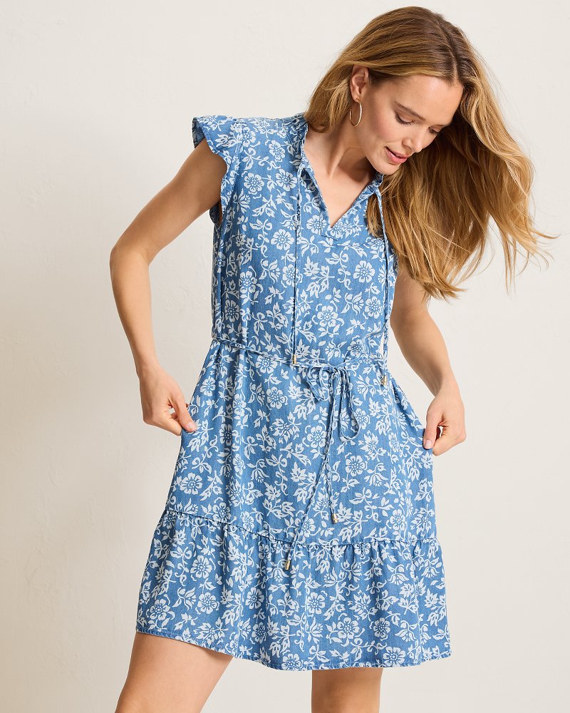Chambray O'Lei Bahia Blooms Linen-Blend Dress - Med Indigo Wash