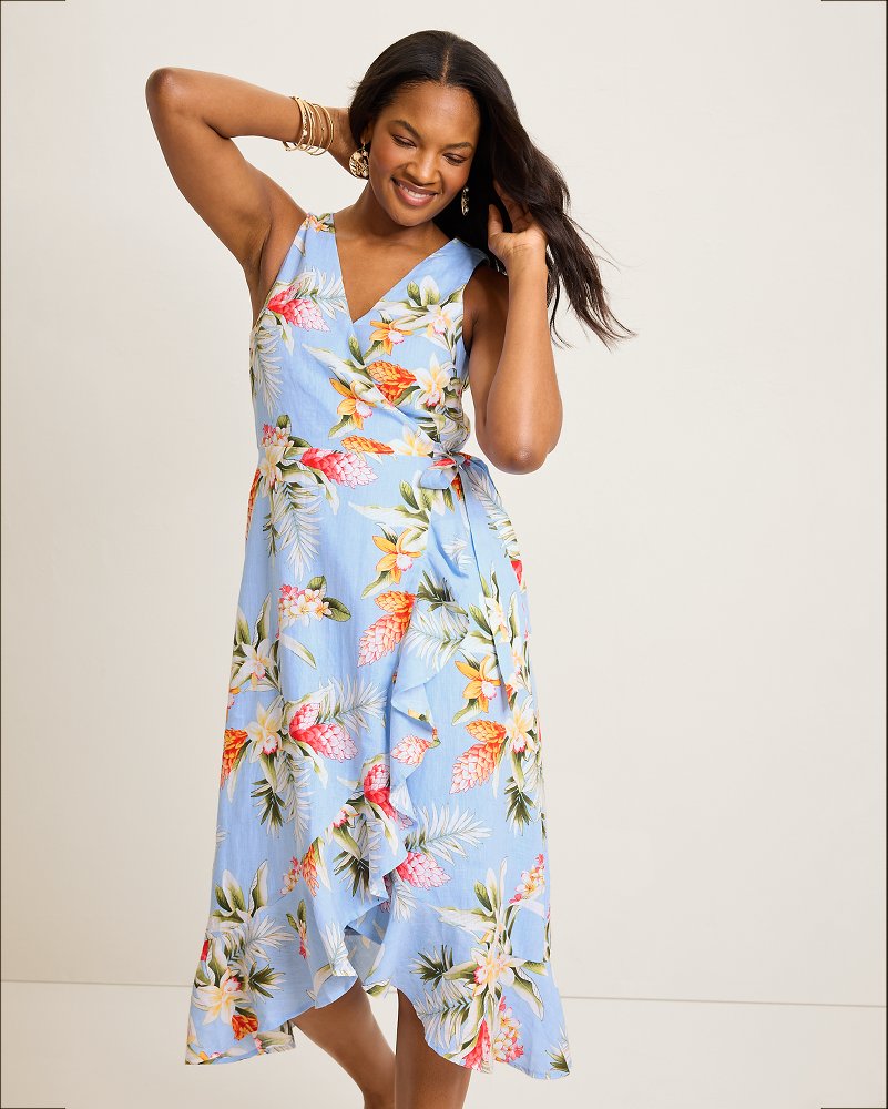 Coastalina Linen Ginger Flowers Midi Wrap Dress - Seabank Sky