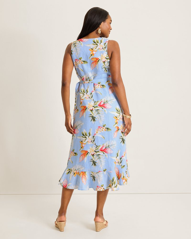 Coastalina Linen Ginger Flowers Midi Wrap Dress - Seabank Sky