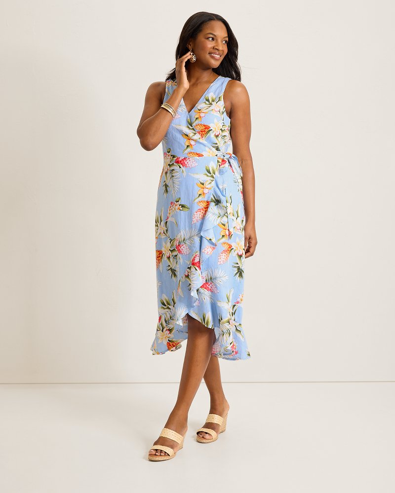 Coastalina Linen Ginger Flowers Midi Wrap Dress - Seabank Sky
