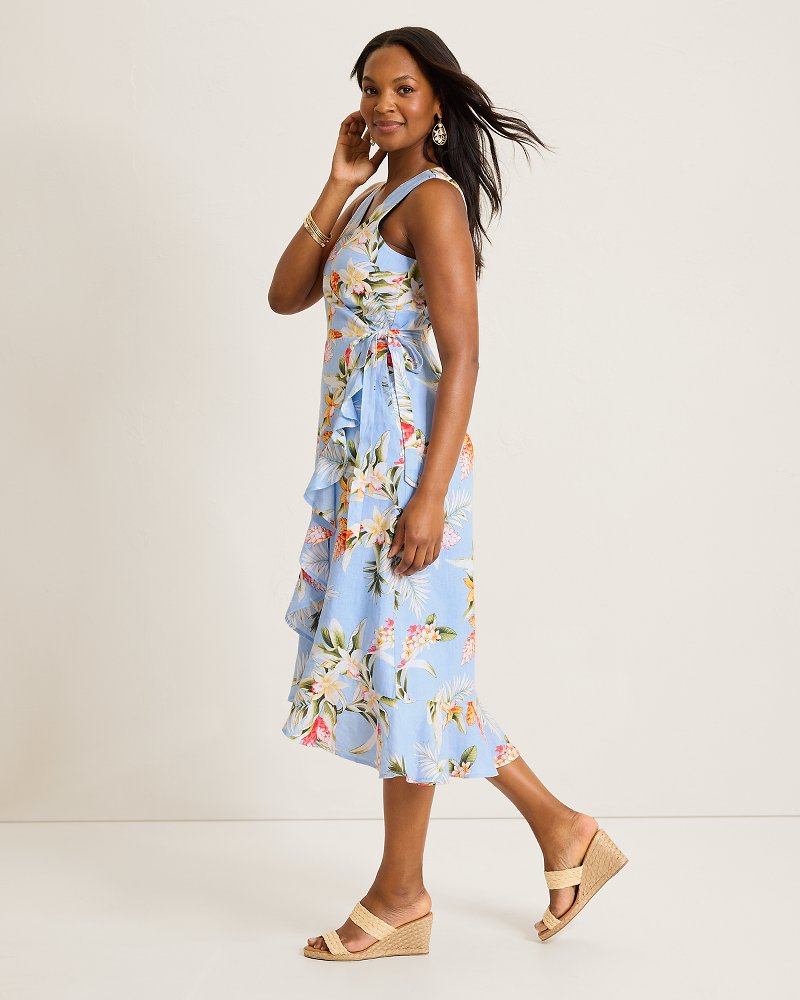 Coastalina Linen Ginger Flowers Midi Wrap Dress - Seabank Sky