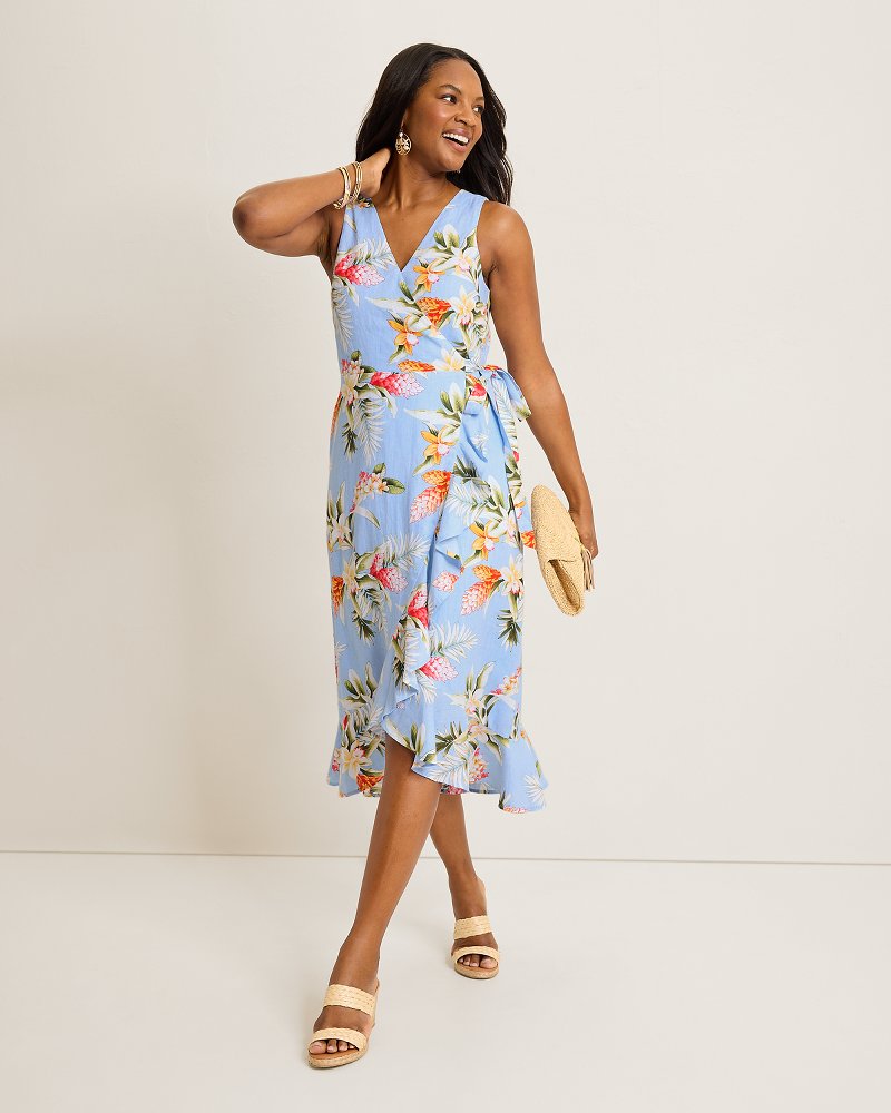 Coastalina Linen Ginger Flowers Midi Wrap Dress - Seabank Sky
