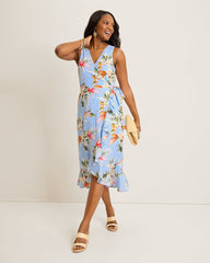 Coastalina Linen Ginger Flowers Midi Wrap Dress - Seabank Sky