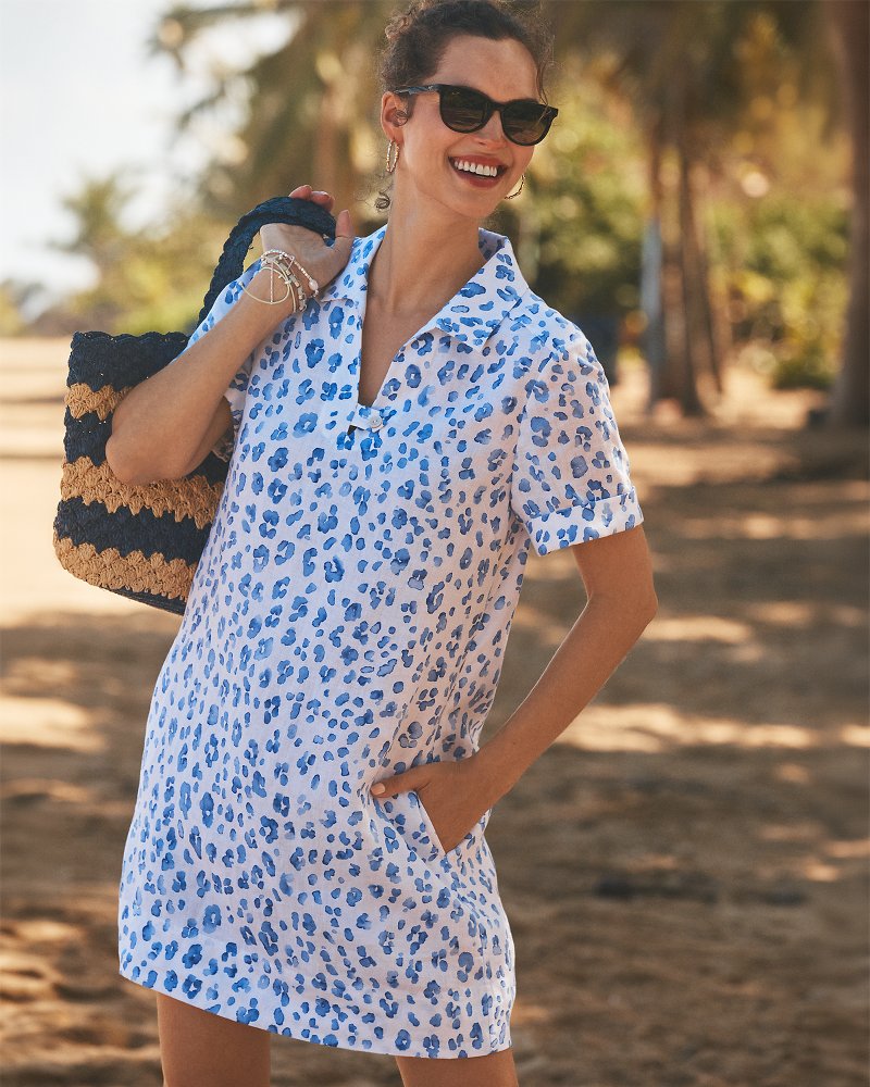Two Palms Lush Leopard Collared Linen Dress - Grape Pools