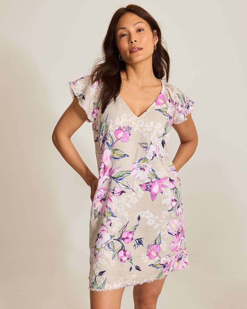 Two Palms Floral Gardens Linen Shift Dress - Pure Khaki
