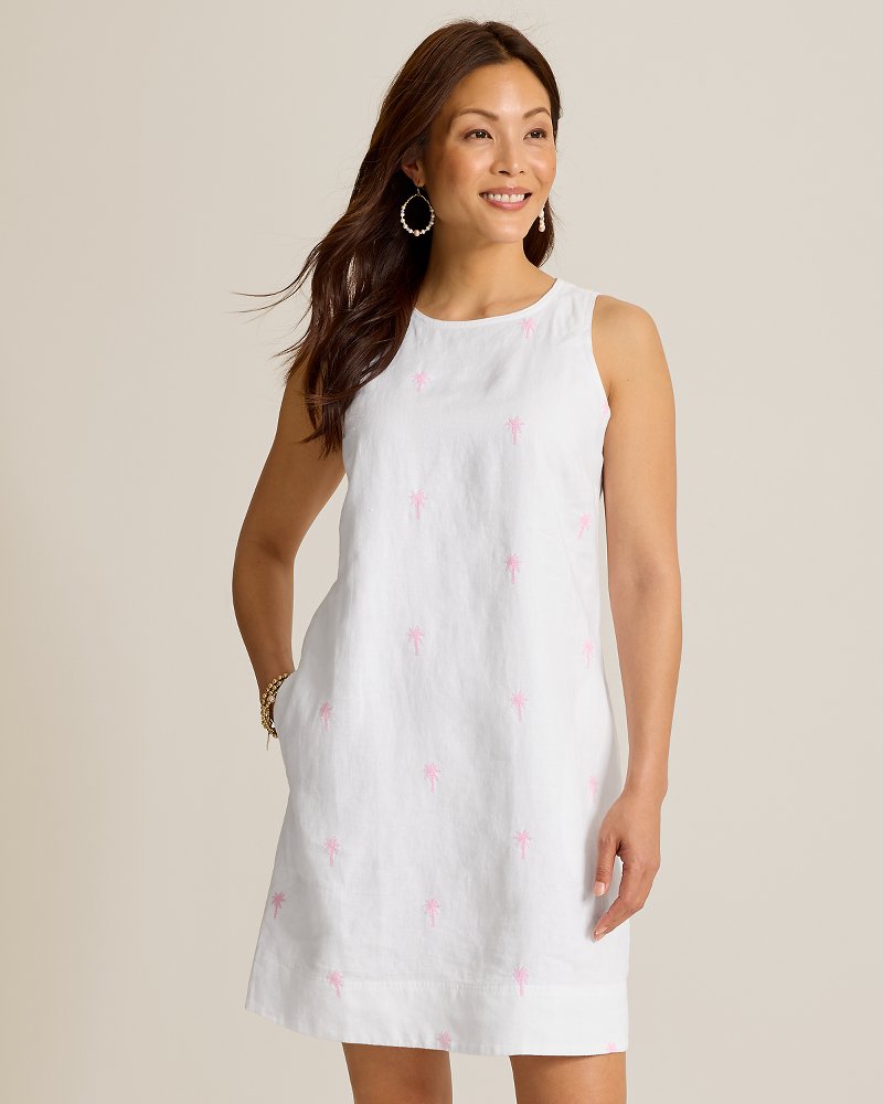 Two Palms Embroidered Palm Linen Shift Dress - Cyber Light