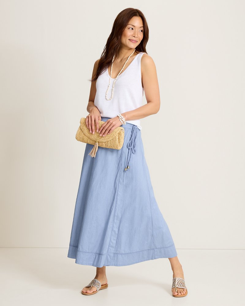 Voile Voyage Cross-Stitch Maxi Wrap Skirt - Port Side Blue