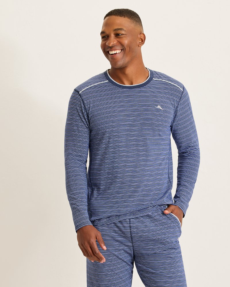 Big &amp; Tall Jersey Long-Sleeve Crewneck T-Shirt - Stripe Blue