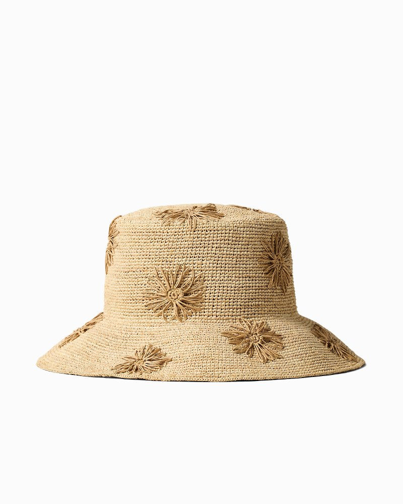 Crochet Raffia Embroidered Flower Bucket Hat - Natural