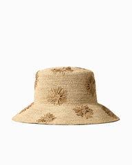 Crochet Raffia Embroidered Flower Bucket Hat - Natural