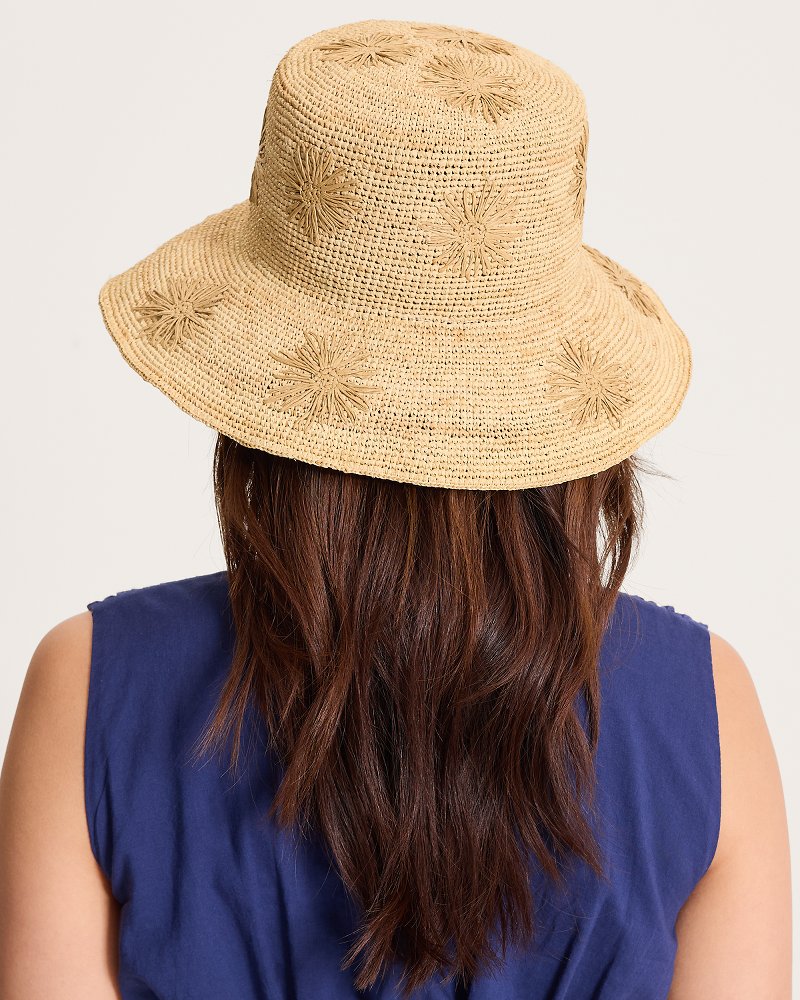 Crochet Raffia Embroidered Flower Bucket Hat - Natural