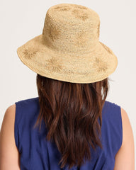 Crochet Raffia Embroidered Flower Bucket Hat - Natural