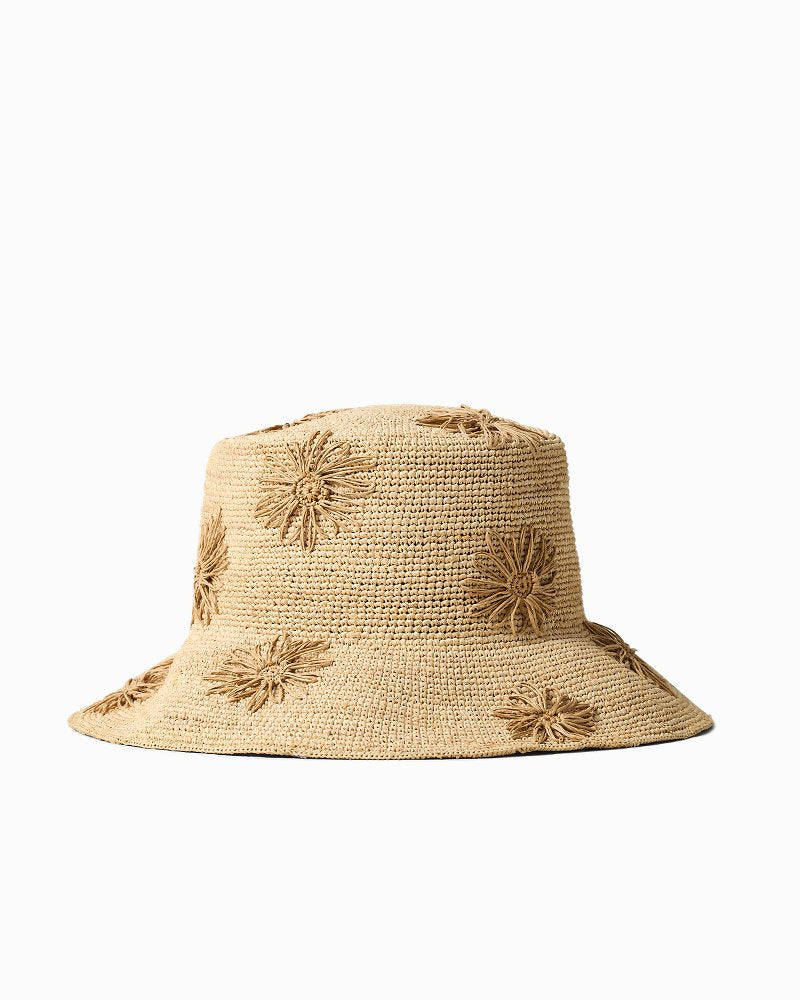 Crochet Raffia Embroidered Flower Bucket Hat - Natural