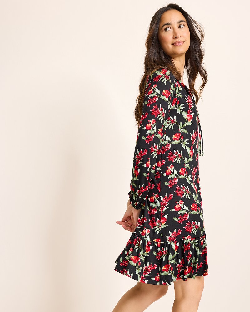 Jersey Long-Sleeve Short Sleep Dress - Black Cherry