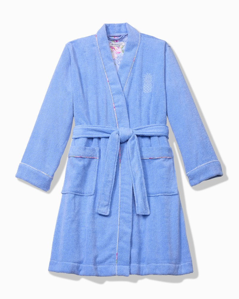 Terry Long-Sleeve Short Robe - Blue Blossom