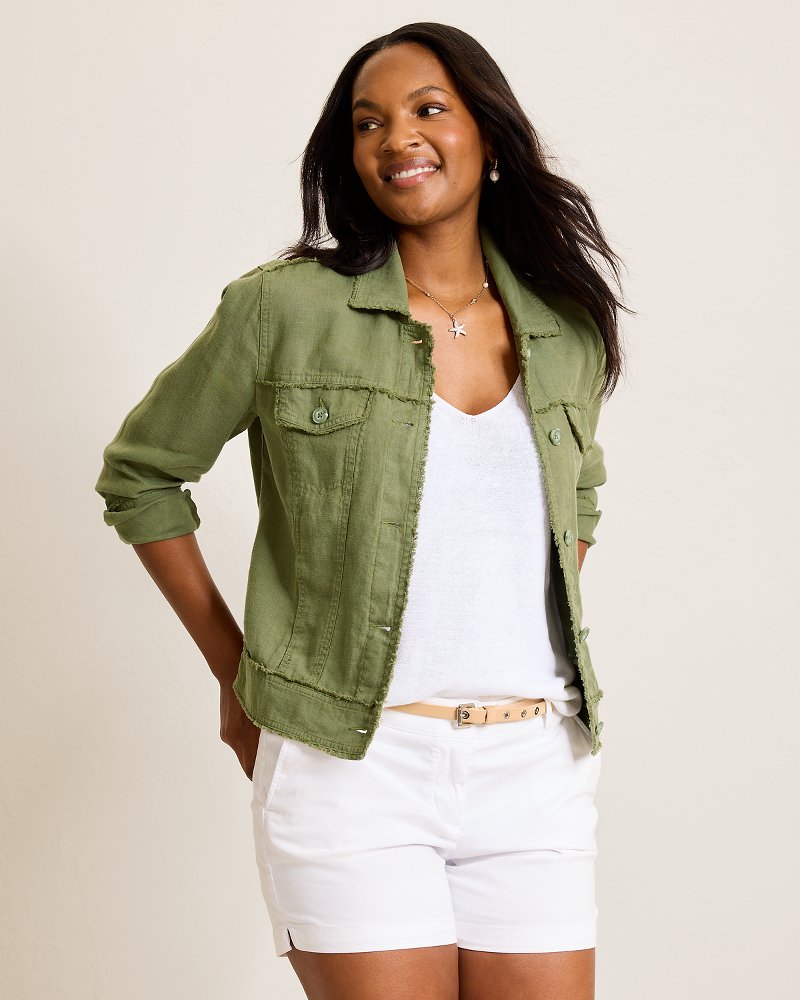 Two Palms Linen Raw-Edge Jacket - Dark Fern