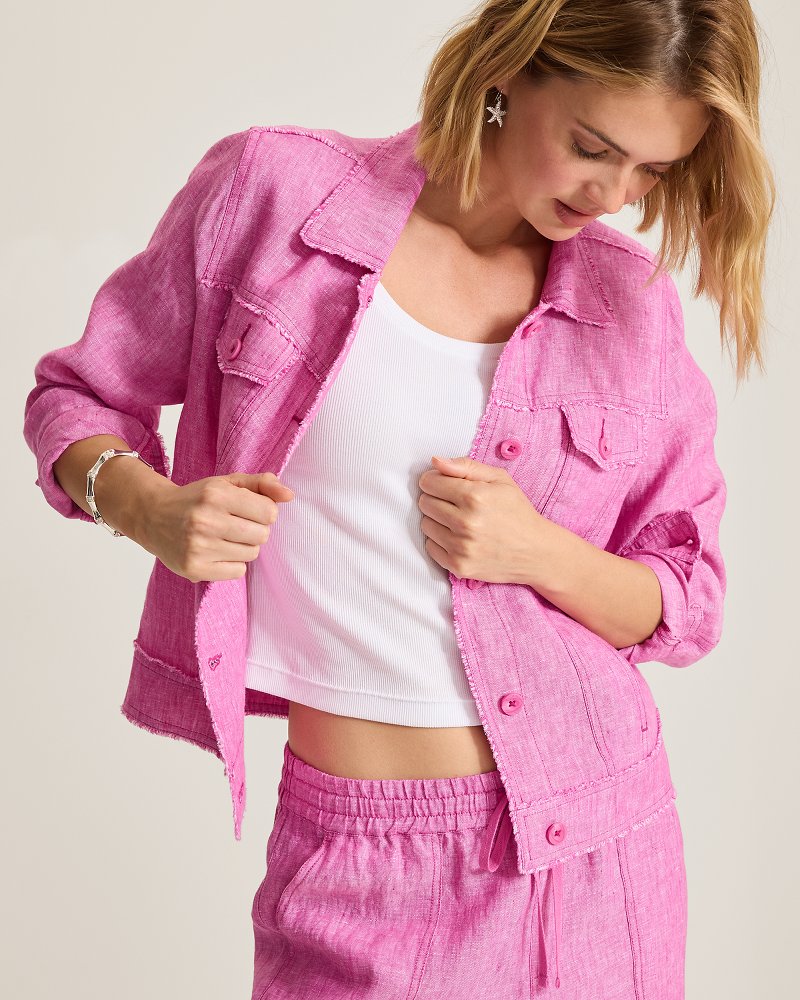 Two Palms Linen Raw-Edge Jacket - Very Berry