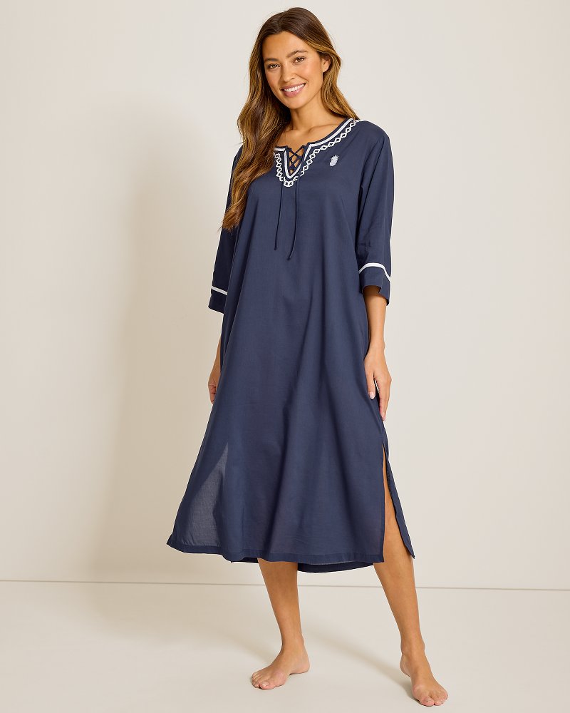 Woven 3/4-Sleeve Maxi Sleep Caftan - Classic Navy