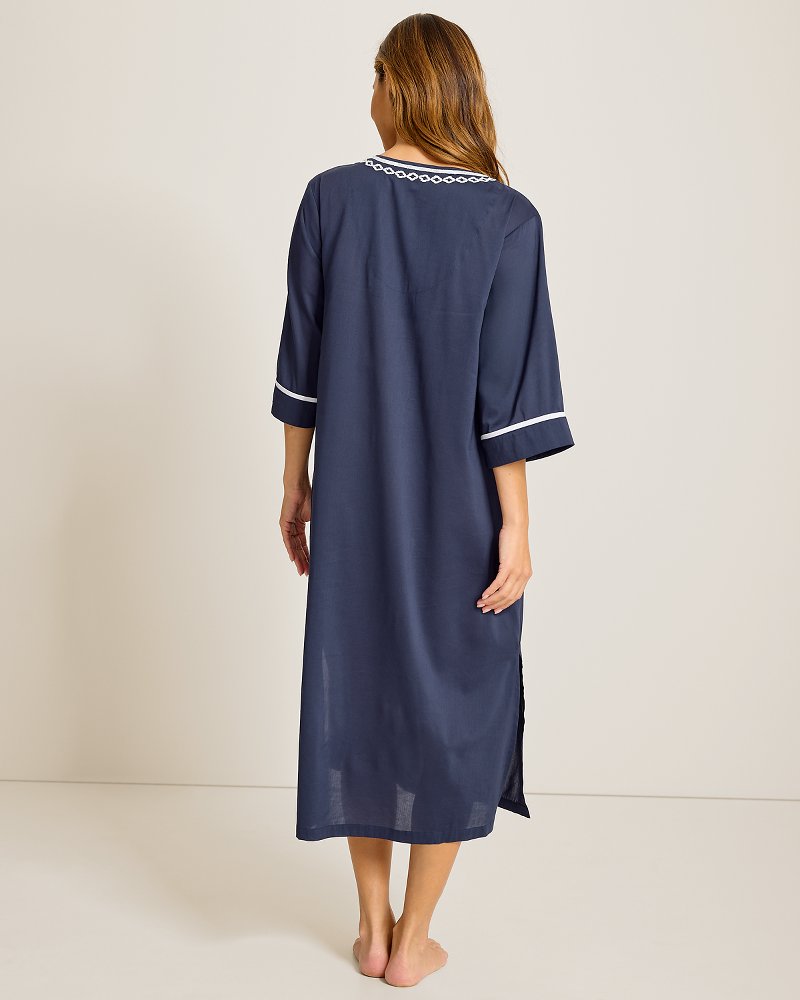 Woven 3/4-Sleeve Maxi Sleep Caftan - Classic Navy