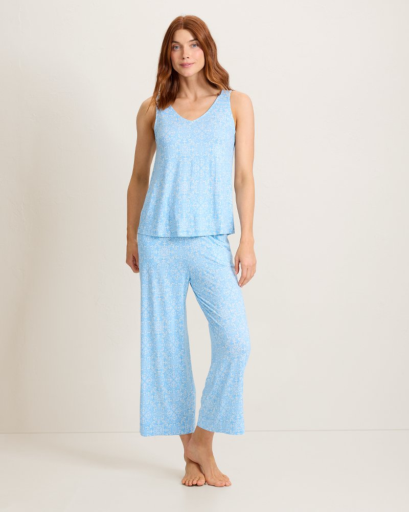 Jersey V-Neck Tank Top &amp; Cropped Pants Pajama Set - Breeze Blue