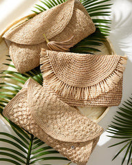 Islamora Lux Crochet Raffia Clutch - Natural